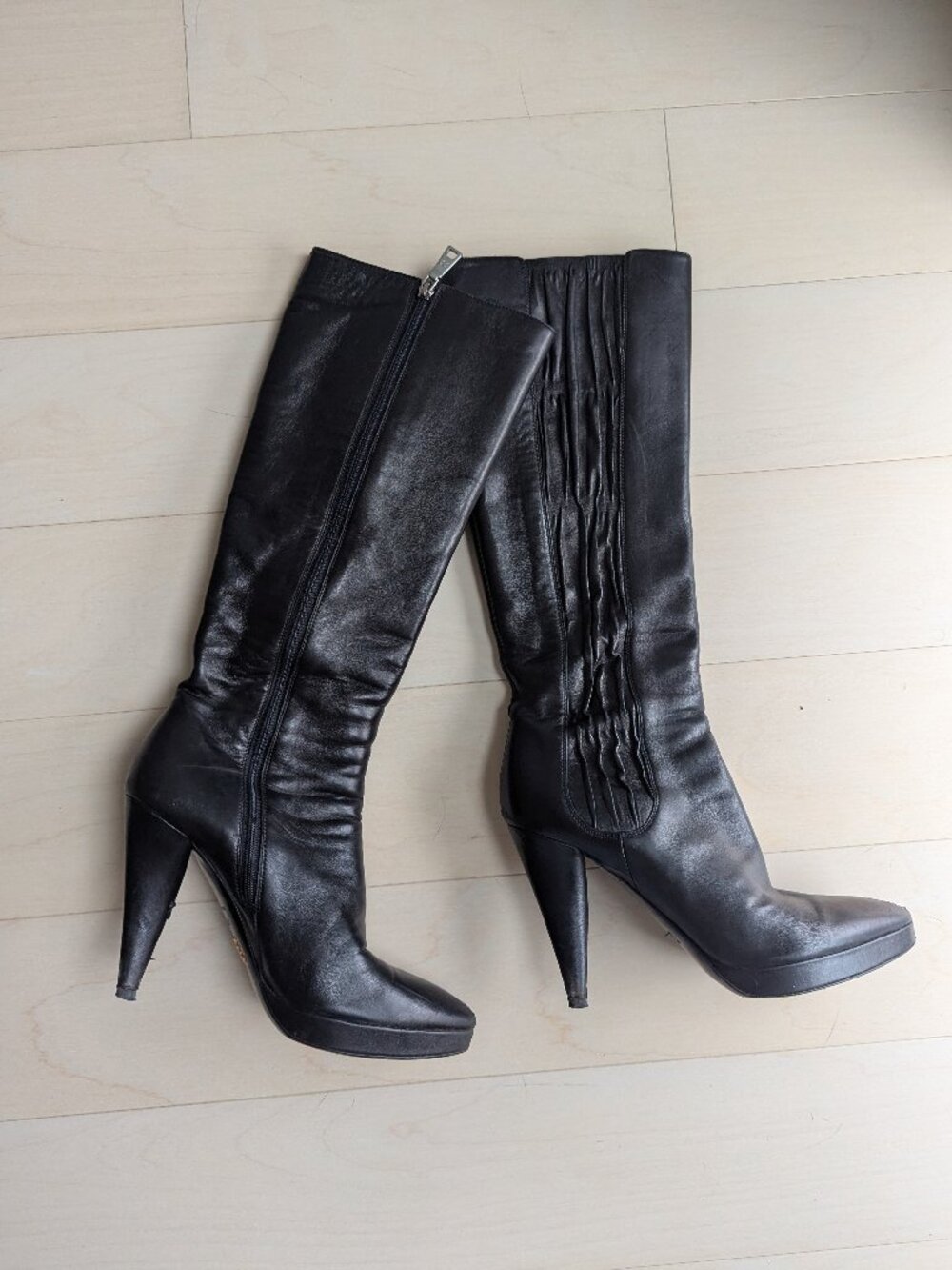Prada Donna Calzature Leather Knee High Stiletto Boots Size 38.5